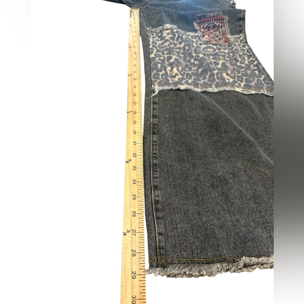 POL Studded Patch Jeans Size Large Charcoal Gray High Rise Button Fly Wide Leg - Picture 15 of 15